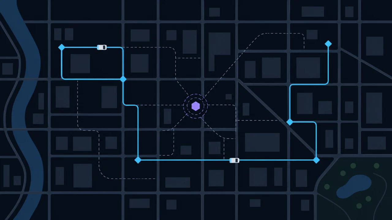 Mapa de calles de una ciudad con dos rutas vehiculares optimizadas que se encuentran en un nodo central